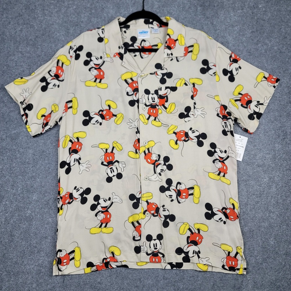 Disney Mickey and Friends Button Down Shirt Mens Medium Beige Rayon Mad Engine